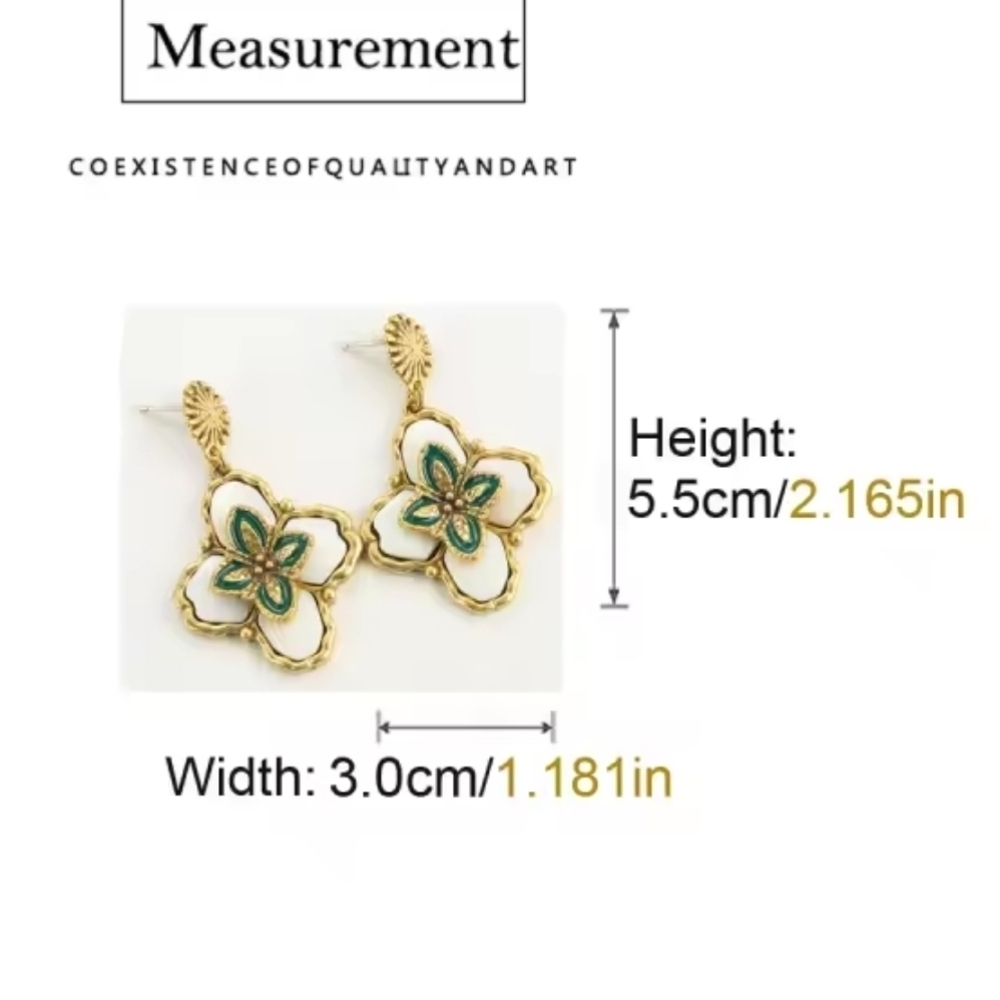 Vintage Gold & White Enamel Floral Drop Earrings with Green Accents - Picture 3 of 8